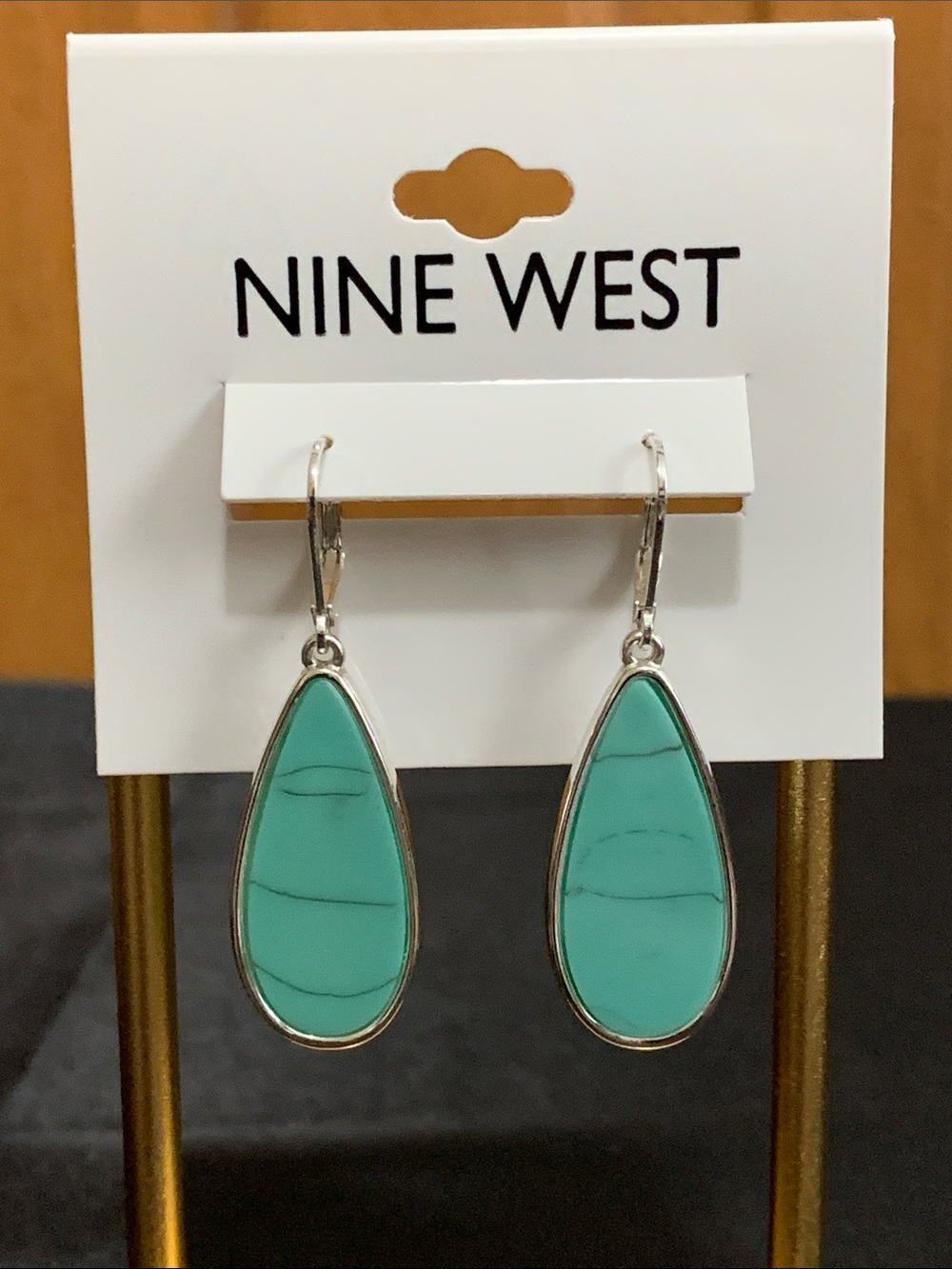 NWT Nine West silver tone green stone earrings